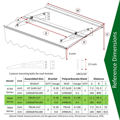DA5934W Series Door Window Awning Canopy Made of 0.137 Inch Thick Crystal Solid Polycarbonate Sheet in size of 59" Wide x 34"