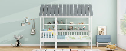 Wood Twin Size House Bed with Roof, Guardrail and Shelves, White