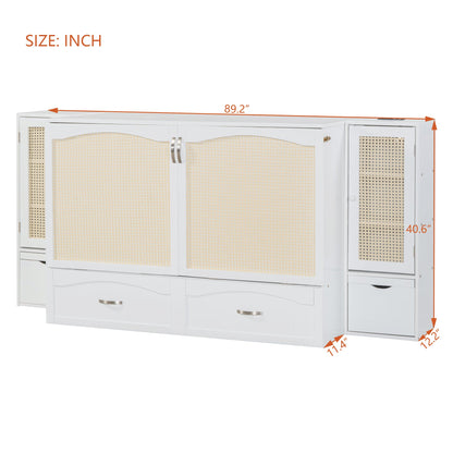 Large Murphy bed wall mounted bed with drawers, 2 storage cabinets, 1 set of sockets and USB ports, white