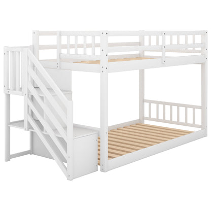 Twin over Twin Floor Bunk Bed, Ladder with Storage  White
