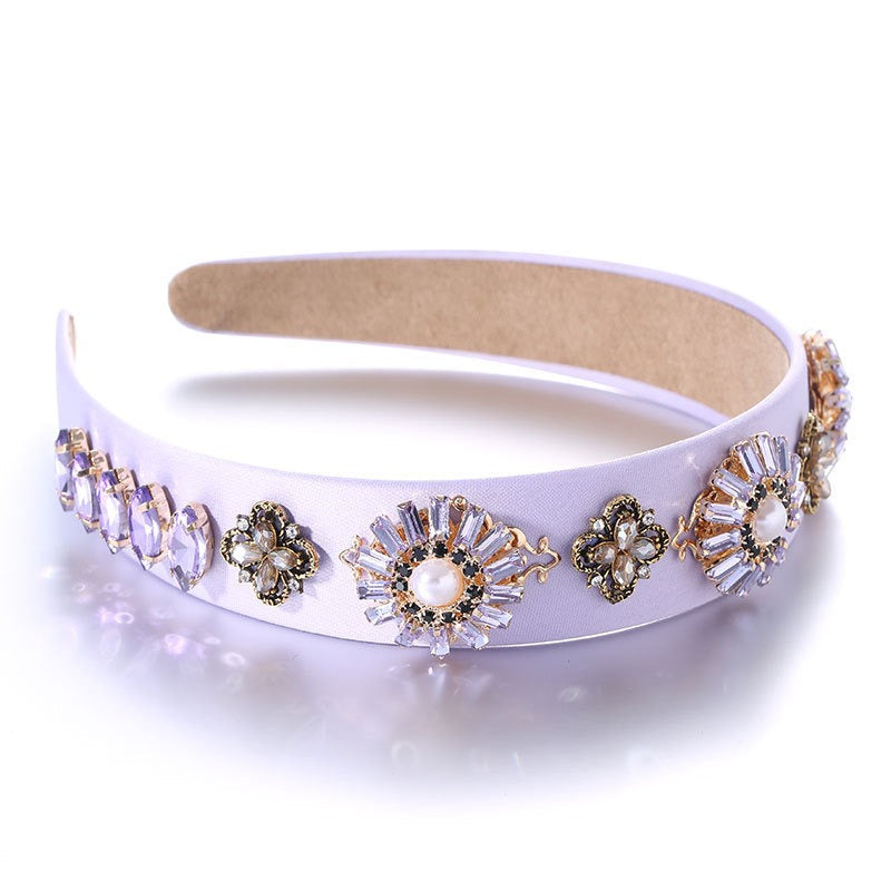 Fashionable Baroque Retro Set Water Diamond Flower Wide Edge Pearl Hair Hoop