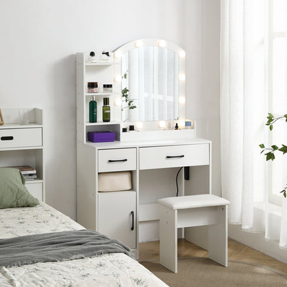 Vanity desk set including table with large lighted mirror 3 color lighting modes adjustable brightness white color