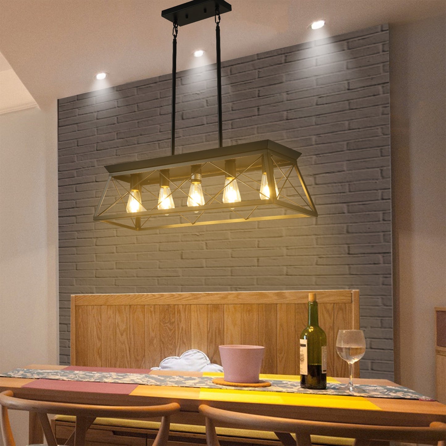5-light farmhouse pendant light, metal pendant light island fixture, modern rectangular island light, pure black (no bulb)