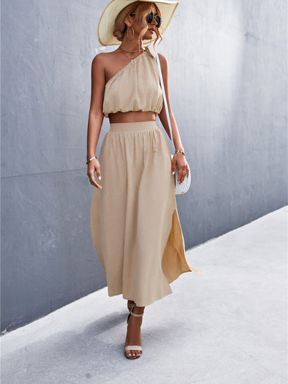 Oblique Shoulder Lace-Up Vest Slit Skirt Suit