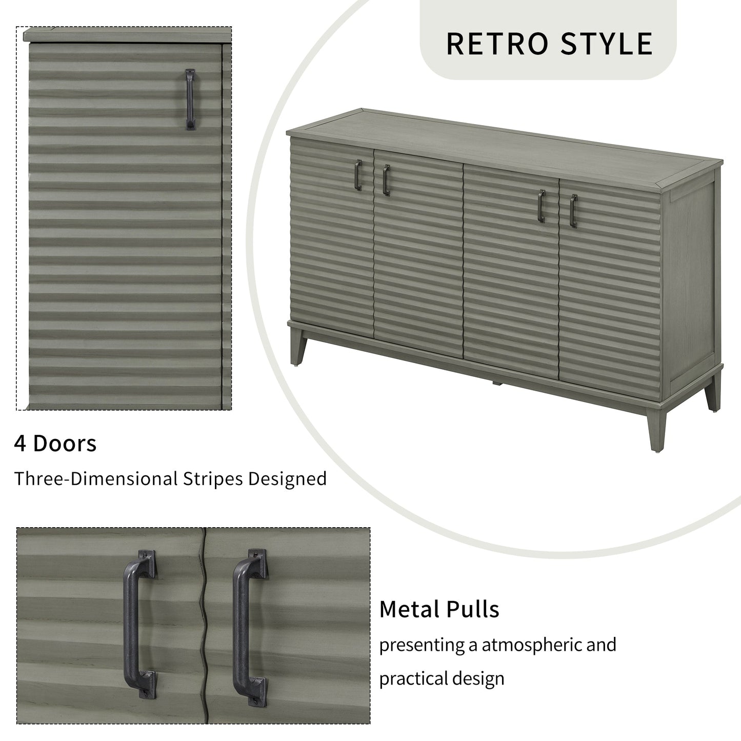 TREXM side panel with 4-door large storage buffet, adjustable shelves and metal handles (antique gray)