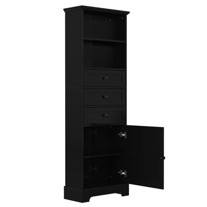 Black high storage cabinet with 3 drawers and adjustable shelves, MDF board painted