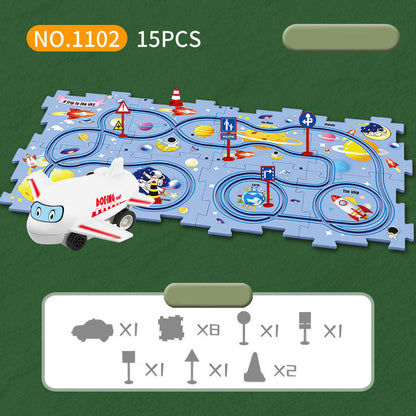 DIY assembly of children's puzzle track car with various scenarios city map construction electric puzzle track car