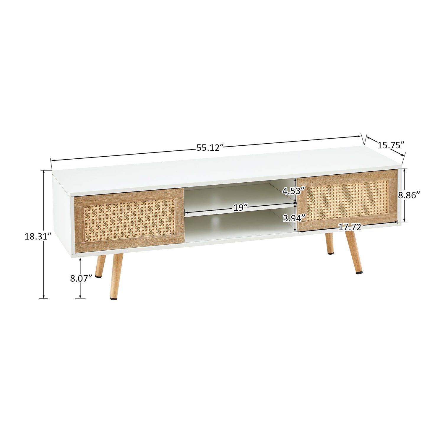 55.12" Rattan TV cabinet double sliding doors for storage adjustable shelf solid wood legs TV console for living room  White