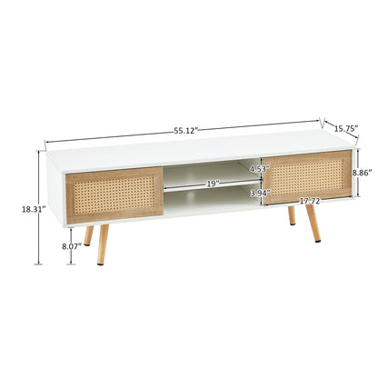 55.12" Rattan TV cabinet double sliding doors for storage adjustable shelf solid wood legs TV console for living room  White