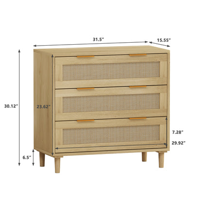 3-Drawers Rattan Storage Cabinet Rattan Drawer (Set of 2),for Bedroom,Living Room,Dining Room,Hallways,Oak