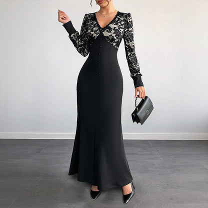 Sexy Retro Lace Splicing Long Sleeve V-neck Dress for Evening and Date