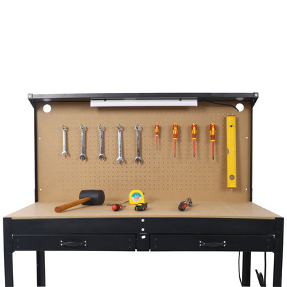 Steel Workbench Tool Storage Work Bench Workshop Tools Table W/Drawer and Peg Board ,4xAC outlets 2xUSB Ports