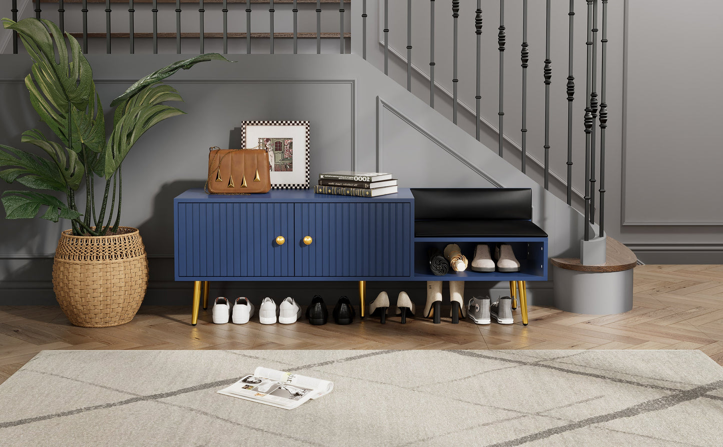 Modern Shoe Storage Bench with Hidden Storage and Upholstered Cushions for Bedside, Living Room and Entryway (Navy)