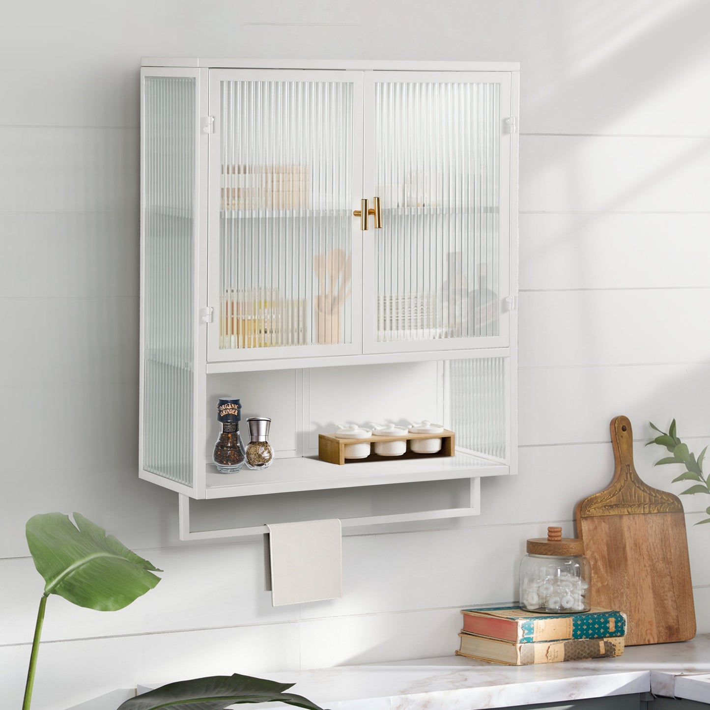 23.62"Glass Doors Modern Two-door Wall Cabinet with Featuring Two-tier Enclosed Storage an Open Shelf and Towel Rack