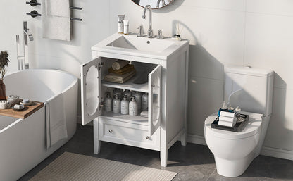 24" Bathroom Vanity with Sink, Bathroom Vanity Cabinet with One Drawer and Doors, Adjustable Shelf, Solid Wood and MDF, White