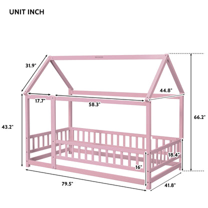 Twin Size Floor Wooden Bed with House Roof Frame, Fence Guardrails,Pink