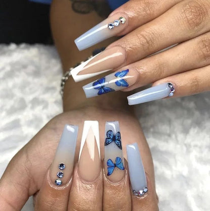 Ins Net Red With The Same Blue Butterfly Point Drill V-Shaped French Style Personality Trend Wearing Manicure Nail Patch