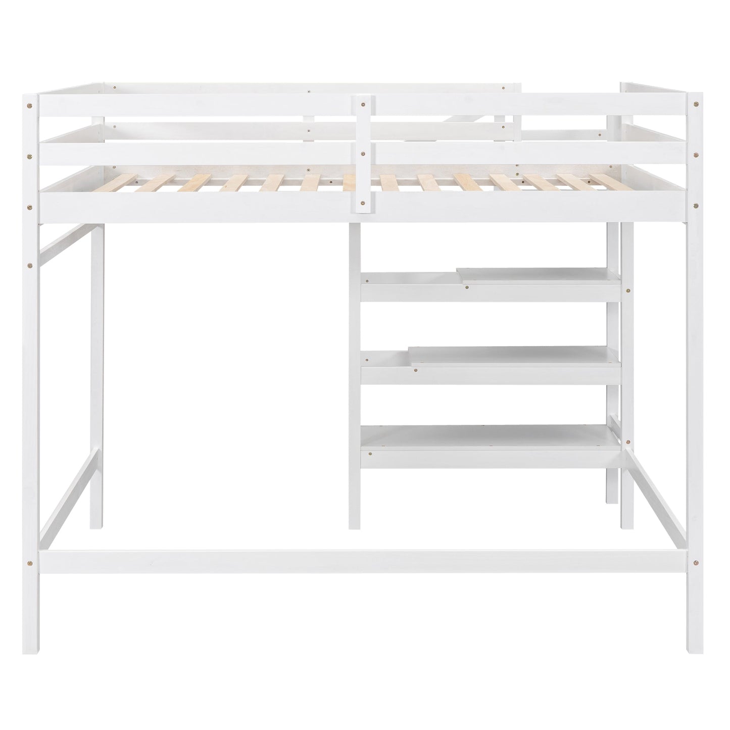 Full Size Loft Bed with Built-in Storage Staircase and Hanger for Clothes  White
