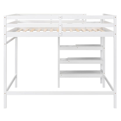 Full Size Loft Bed with Built-in Storage Staircase and Hanger for Clothes  White