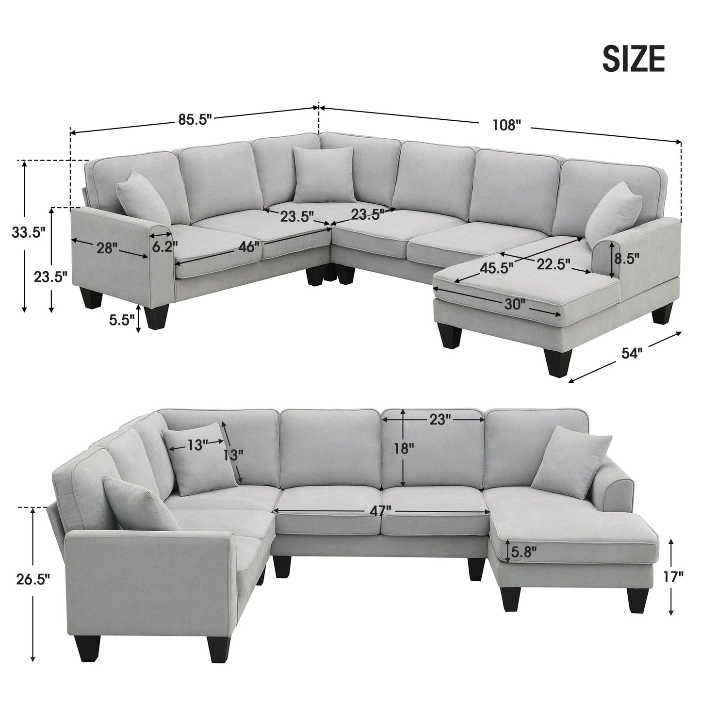 [VIDEO provided] [New] 108*85.5" Modern U Shape Sectional Sofa 7 Seat Fabric Sectional Sofa Set