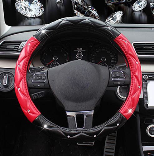 Leather Steering Wheel Covers Crystal Studded Rhinestone Car Steering-Wheel Cover Cases Pink Car Interior Accessories For Girls