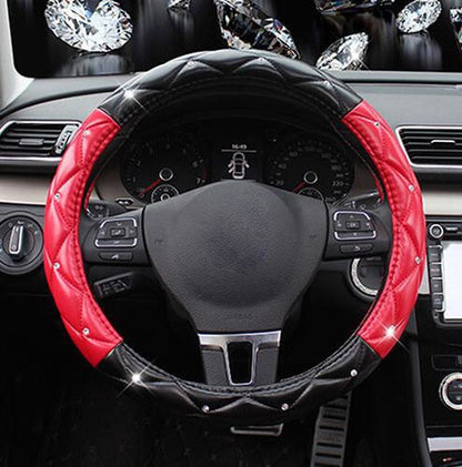 Leather Steering Wheel Covers Crystal Studded Rhinestone Car Steering-Wheel Cover Cases Pink Car Interior Accessories For Girls