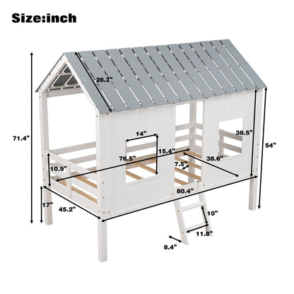 Twin Size Low Loft House Bed with Roof and Two Front Windows White