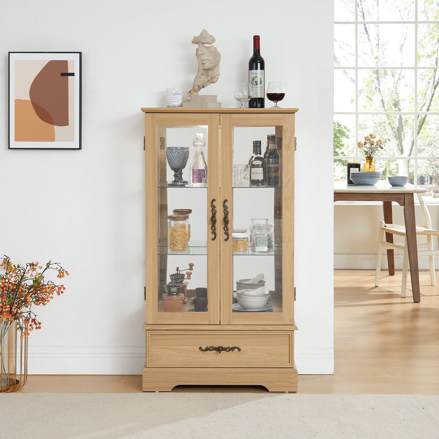 Light colored glass cabinet with adjustable glass frame, including cabinet light bulbs OAK with 2 doors and 1 drawer