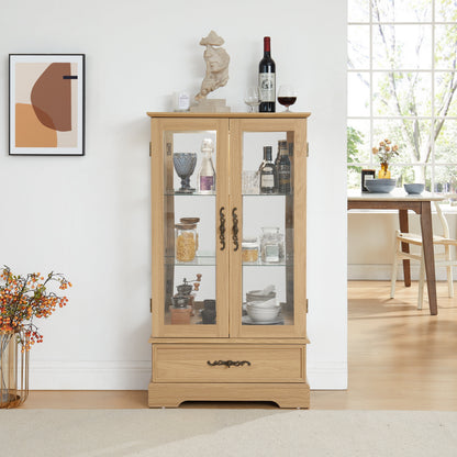 Light colored glass cabinet with adjustable glass frame, including cabinet light bulbs OAK with 2 doors and 1 drawer