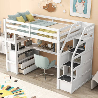 Twin Size Loft Bed with Desk and Shelves  Two Built-in Drawers  Storage Staircase White