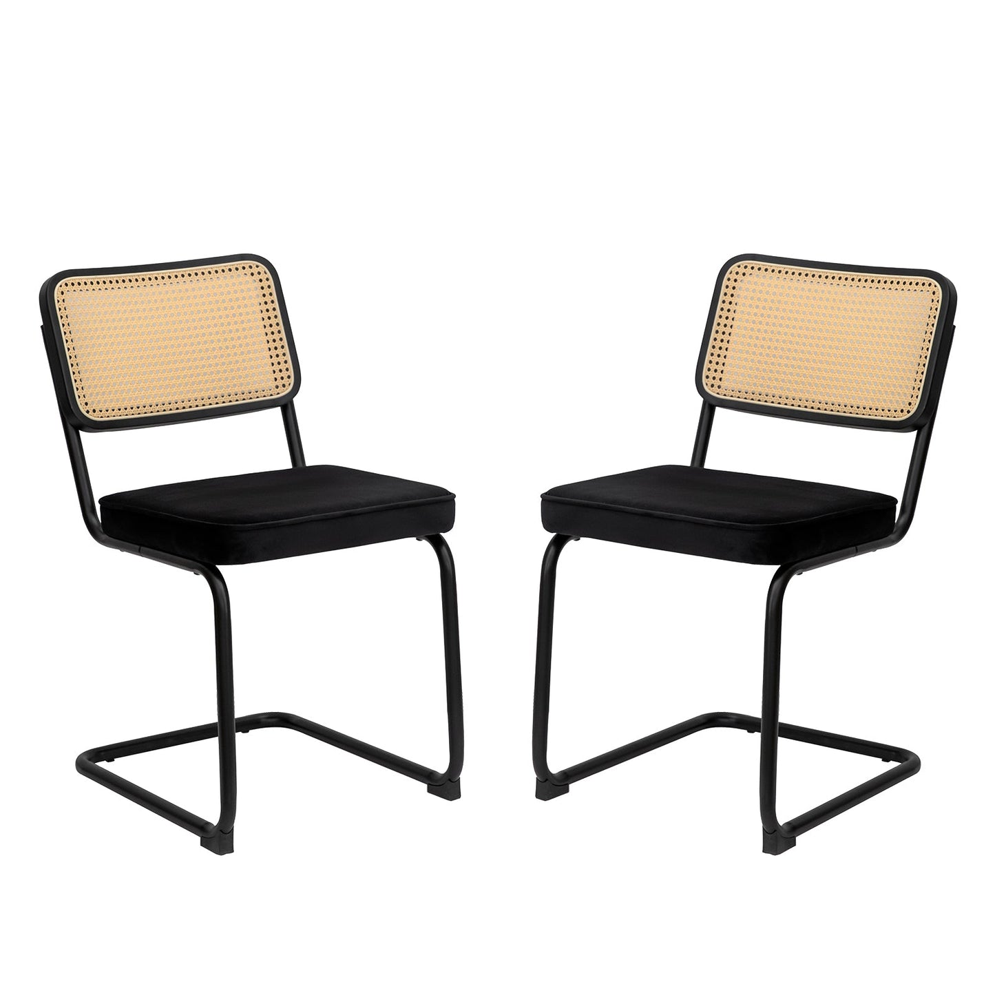 Dining Chairs Set of 2 velvet wicker side decorative chairs, black painted legs, modern medieval Bruell designed chairs,