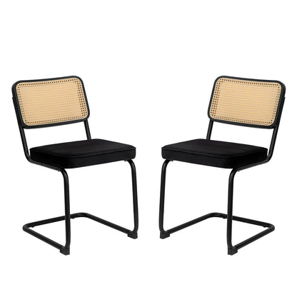 Dining Chairs Set of 2 velvet wicker side decorative chairs, black painted legs, modern medieval Bruell designed chairs,