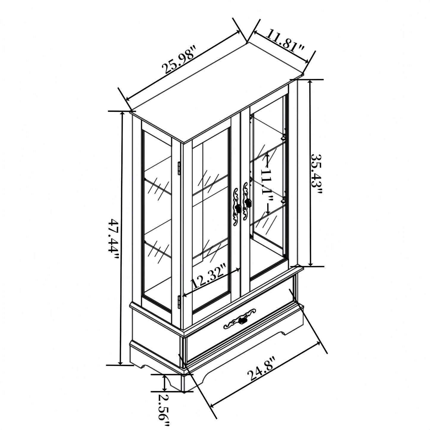 Light colored glass cabinet Curio display cabinet with adjustable glass frame, 2 doors and 1 drawer, including white light bulbs