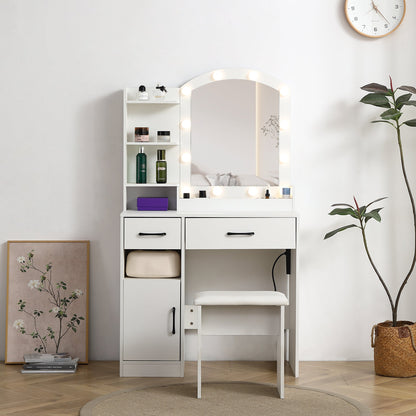 Vanity desk set including table with large lighted mirror 3 color lighting modes adjustable brightness white color