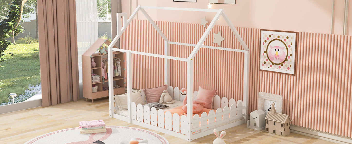 (Slats are not included) Full Size Wood Bed House Bed Frame with Fence for Kids Teens Girls Boys (White )