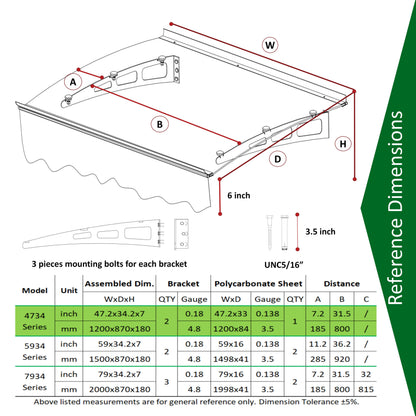 GarLUGH DA4734W Series Door Window Awning Made of 0.137 Inch Thick Crystal Solid Polycarbonate Sheet in size of 47" Wide x 34"
