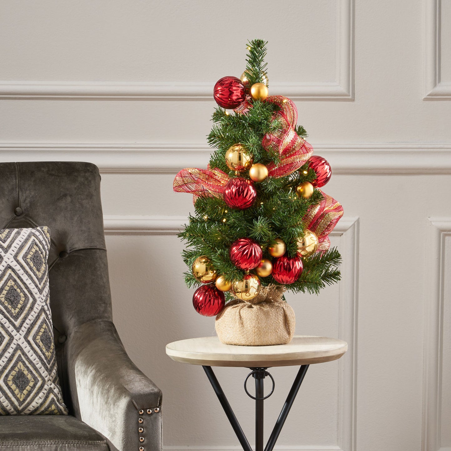 2'RED/GOLD DECORATION BURLAP TREE WITH 50 WARM WHITE LED LIGHTS-BATTERY OPERATED