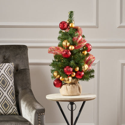 2'RED/GOLD DECORATION BURLAP TREE WITH 50 WARM WHITE LED LIGHTS-BATTERY OPERATED