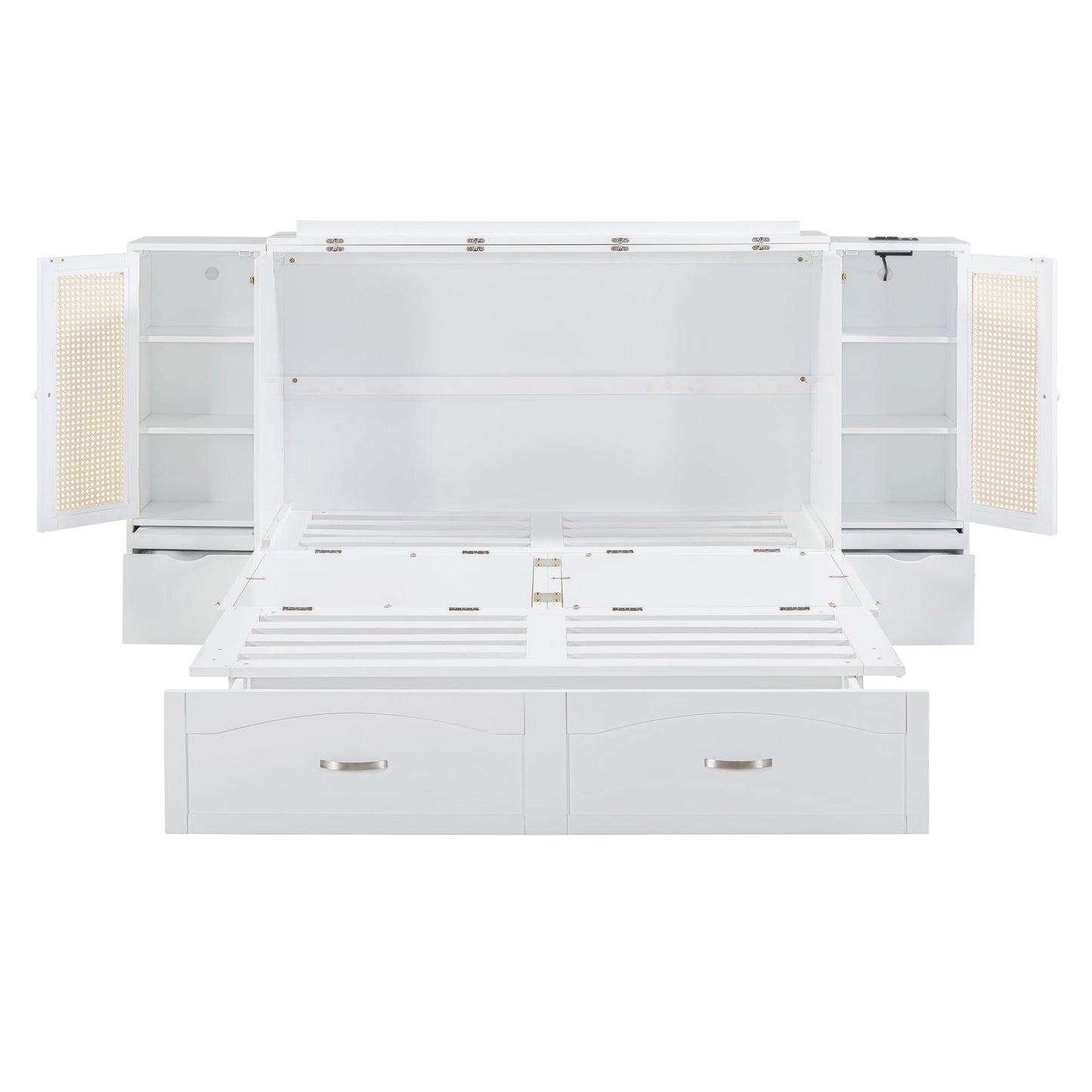 Large Murphy bed wall mounted bed with drawers, 2 storage cabinets, 1 set of sockets and USB ports, white