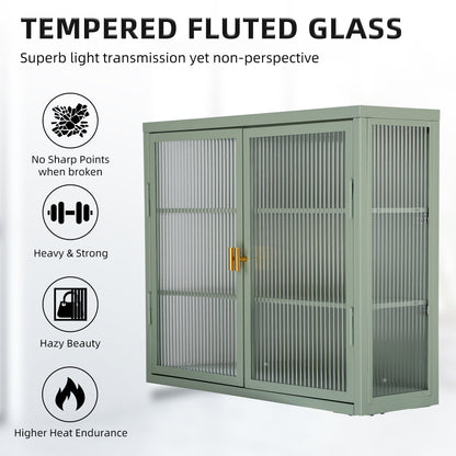 Retro Style Haze Double Glass Door Wall Cabinet With Detachable Shelves for Office Dining Room Living Room Kitchen
