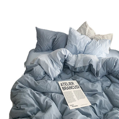 Solid Color Simple Four-Piece Set Flannel Quilt Cover INS Style Quilt Cover Dormitory Summer Washed Cotton Bedding Three-Piece Set