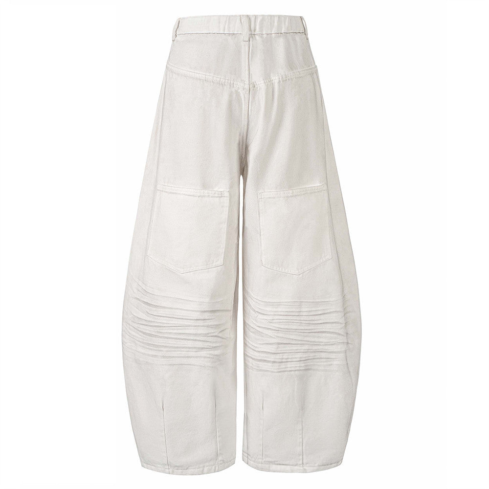 Sprayed and Distressed Denim Tapered Pants with High Street Punk Pocket Design, Loose Wide Leg Long Pants