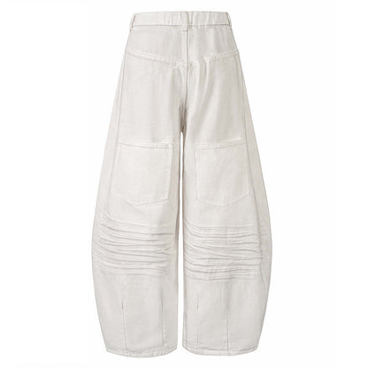 Sprayed and Distressed Denim Tapered Pants with High Street Punk Pocket Design, Loose Wide Leg Long Pants