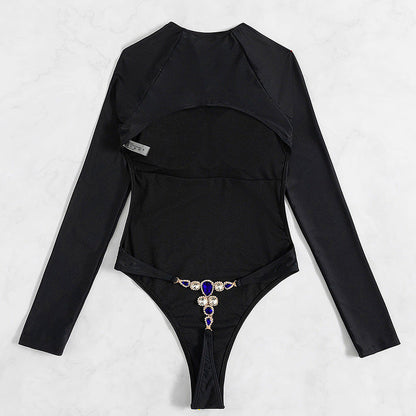 Long Sleeve Backless T-back Light Diamond One-piece Swimsuit
