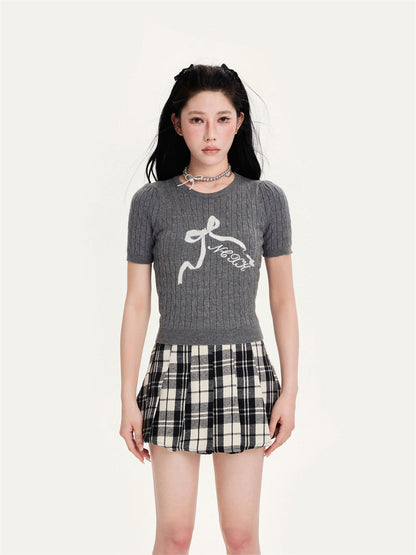 Bow Embroidered Hollow-Out Short Sweater
