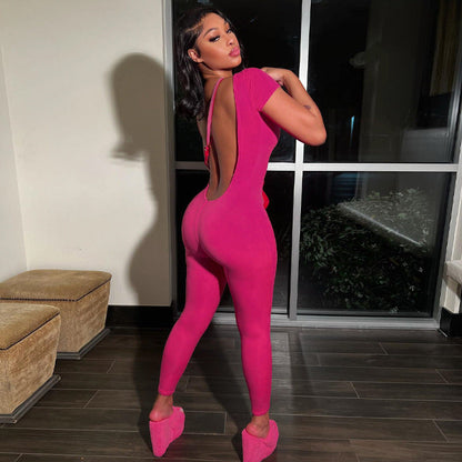 Women's Casual Solid Color Round Neck Backless Skinny One-Piece Trousers
