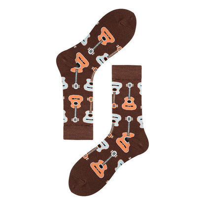 Men's Mid-calf Colorful Guitar Cat Face Cotton Socks