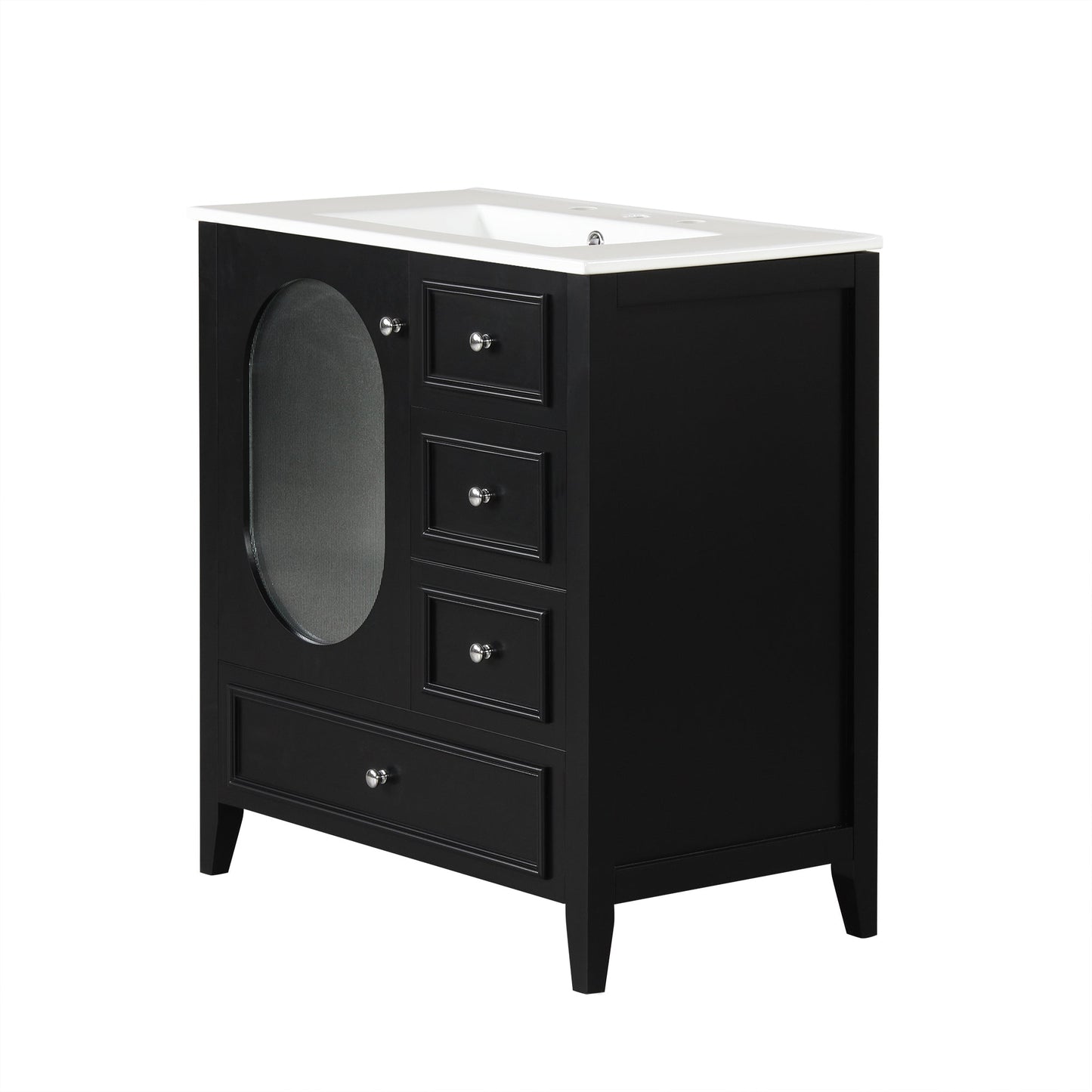 30" Bathroom Vanity with Sink, Bathroom Vanity Cabinet with Three Drawers and Door, Solid Wood and MDF, Black