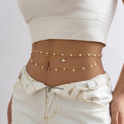 Stacked chain tassel star moon rhinestone waist chain sexy butterfly women's imitation pearl body chain