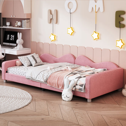 Twin size Upholstered Daybed, Sherpa Fabric Sofabed with Cloud-Shaped Backrest, No Box-spring Needed, Pink